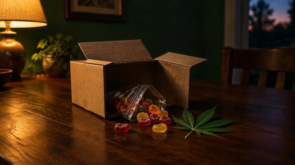 An open delivery box on a wooden table with colourful gummy sweets spilling from a bag beside a single cannabis leaf