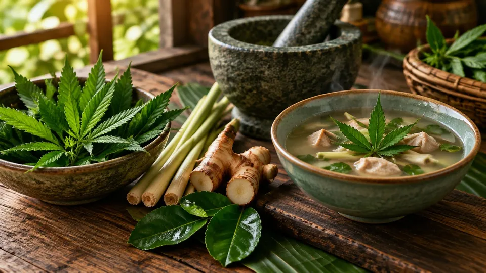 ใบกัญชาสดวางข้างสมุนไพรไทยและชามต้มยำบนเคาน์เตอร์ครัว