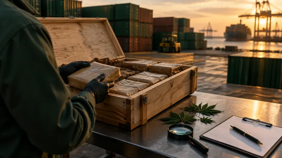 Gloved inspector checking a wooden export crate at a cargo port, with cannabis leaves and a magnifying glass on the inspection table