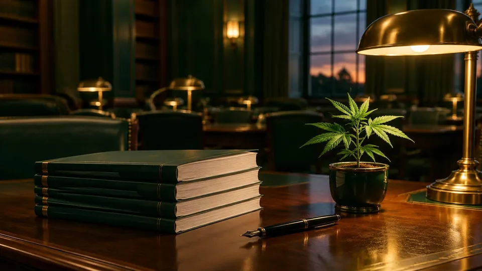 Wooden desk in a dark-green reading room with bound draft bill documents, a pen and a small potted cannabis plant under a warm gold lamp